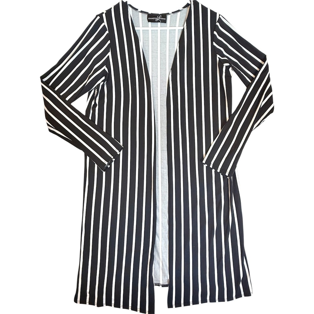 Lexington Avenue Cardigan Women M Black White Striped Long Sleeve Open Front